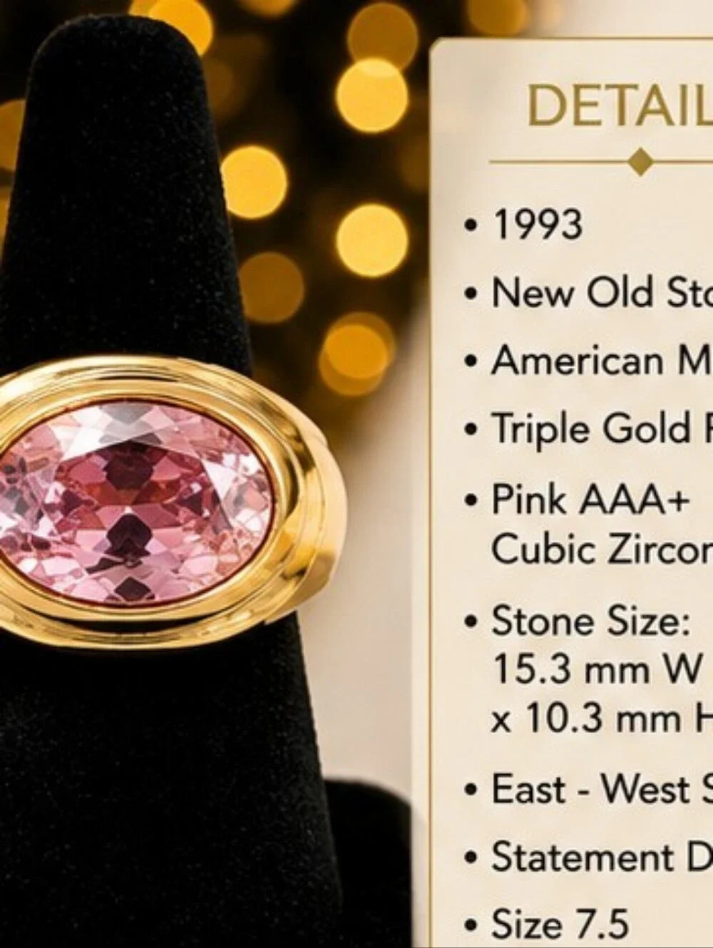 Vintage 1993 Pink AAA+ CZ Gold Plated East West Statement Ring Size 7.5
